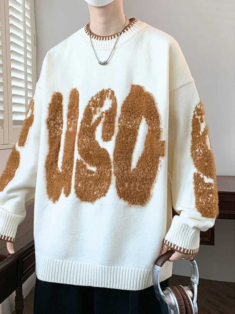 2025 New Letter Jacquard O-Neck Knitwear Men's American Fashion Retro Knitted Sweater Autumn Hip Hop Long Sleeve Y2K Pullovers