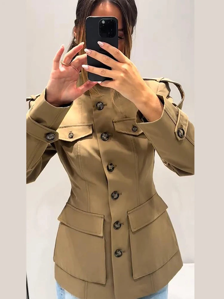 2025 Autumn Stand Collar Long Sleeve Jacket for Women Casual Pockets Solid Female Trench Coats Fashion New Lady Outerwear Street