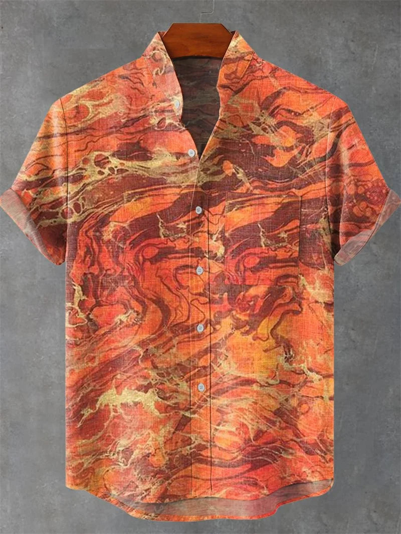 New Vintage Men's Linen Short Sleeve Shirt Casual Fashion Men's Street 3D Flower Printed Shirt Casual Shirt