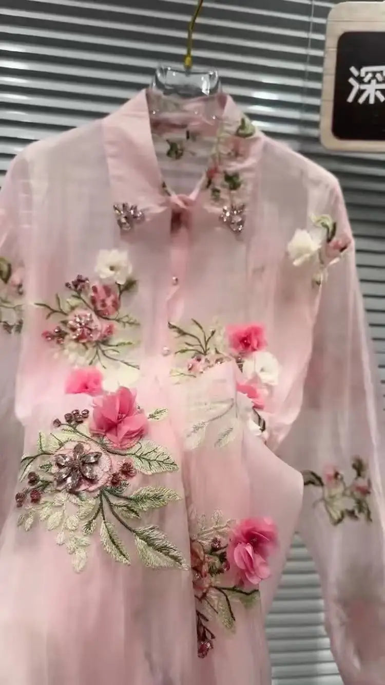 New In 2025 Summer Diamonds Flowers Embroidery Shirts Blouses For Women Long Sleeve Thin Sunscreen  Loose Casual Top Cardigan