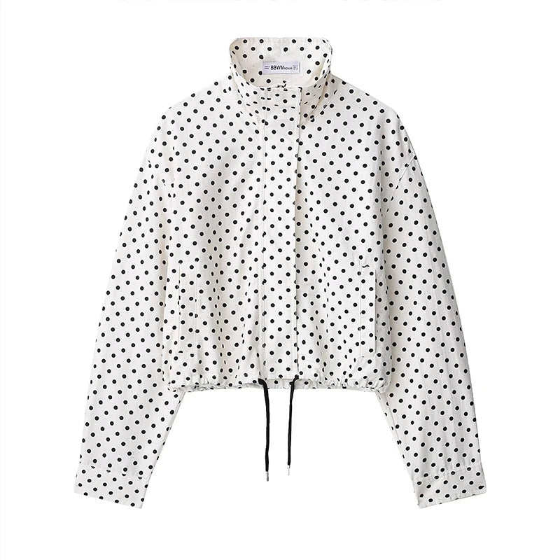 New Summer 2026 Womens Fashion Turtleneck Drawstring Hem Polka Dot Seersucker Jacket Casual Spring Autumn Outfit Trafizaran