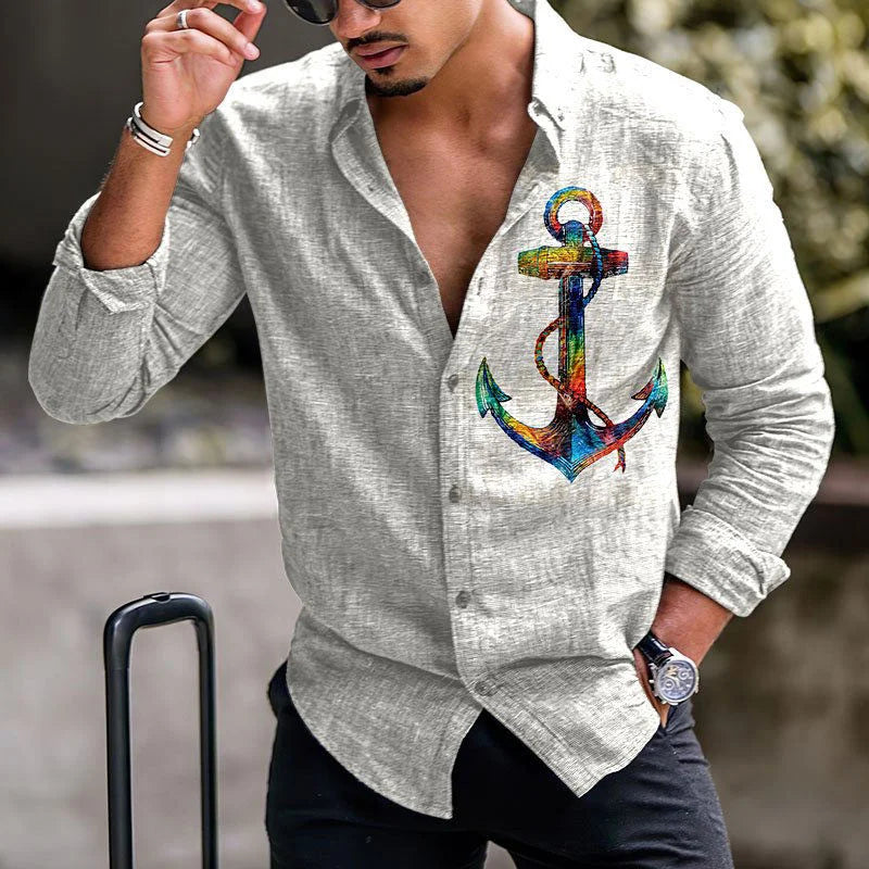 High Quality Men's Leopard Print Button Up Shirt Baroque Chain Anchor Long Sleeved Party Casual Lapel Long Sleeved