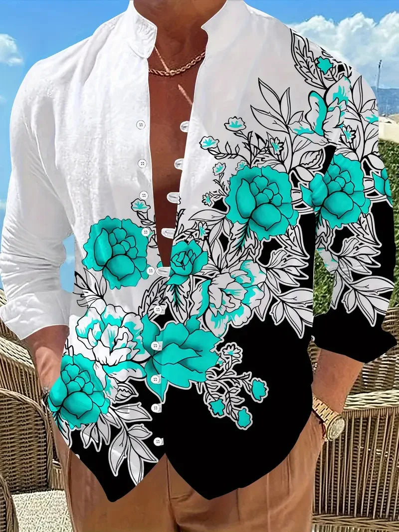 New Spring Autumn Casual Shirt Loose Men's Flower Long Sleeve Shirt Button Shirt Vintage Top