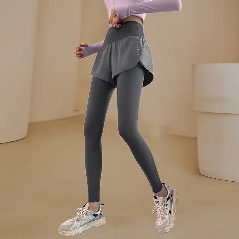 Women's Fall Two-in-One Leggings - High Waist Running Yoga Pants with Slimming Skirted Hem, 4-Way Stretch  From Studio to Street