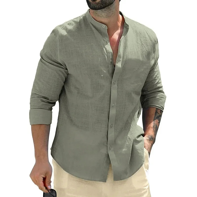 Men's shirt, long-sleeved shirt, solid color, round neck, single-breasted shirt, outdoor casual business office clothing, large