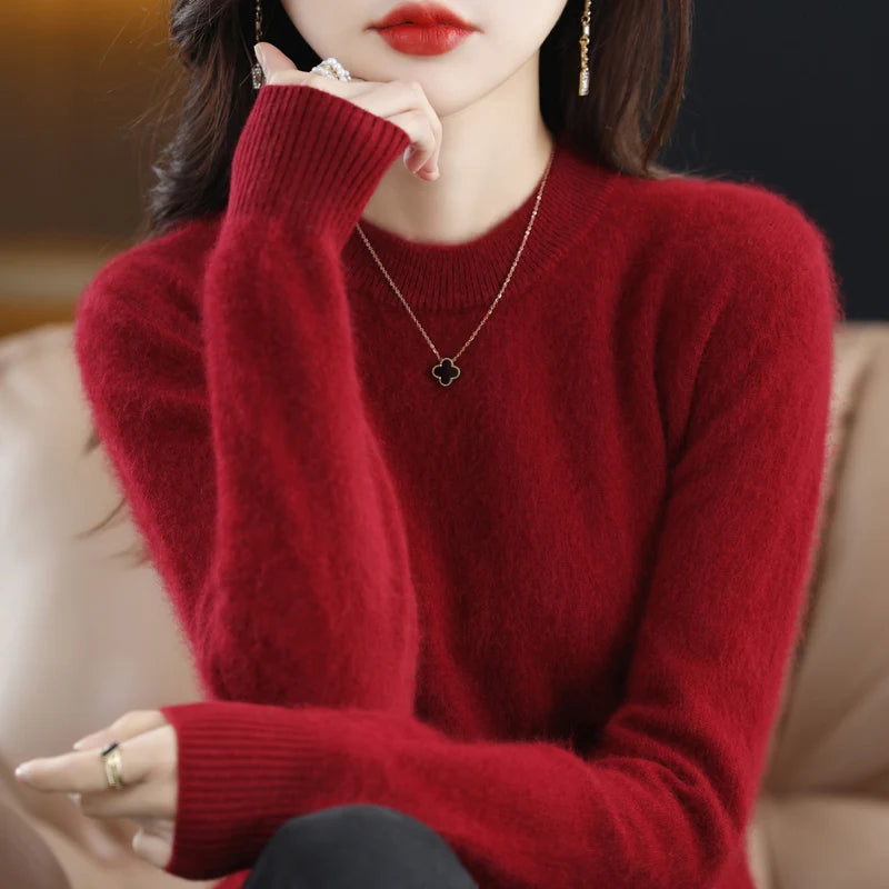 Winter Women Sweater 100% Mink Cashmere Half Turtleneck Knitted Pullovers Loose Soft Warm Female Long Sleeve Solid Jumper S-XXL