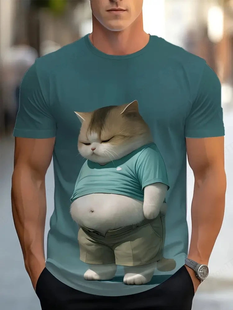 Cute Fat Cat Men's T Shirt Animal 3D Print Casual Short Sleeve Funny T Shirts Fashion Streetwear Round Neck Oversized Clothing