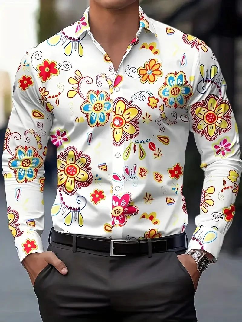 High Quality Men's Leopard Print Button Up Shirt Baroque Chain Anchor Long Sleeved Party Casual Lapel Long Sleeved