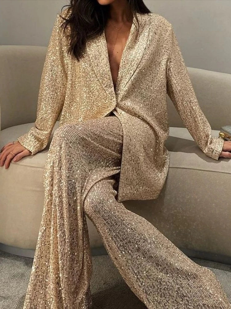 Casual Sequin Jackets Pants Set Women Golden Long Sleeve Lapel Button Wide Leg Pant Autumn Lady Suit Urban Street Loose Sets