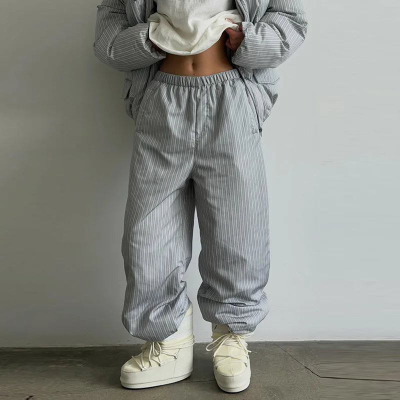 Casual Striped Women's Cotton Coat Trouser Suits Hooded Zippers Thicken Lady Set 2026 Autumn Winter Chic Female Outfits