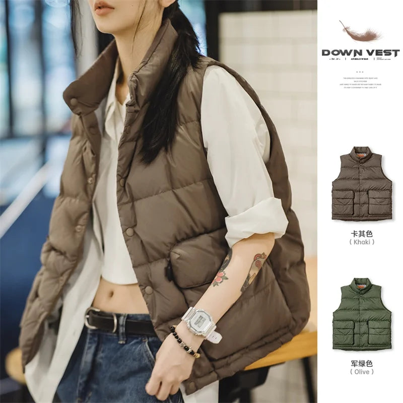 Maden Winter Sleeveless Down Vest for Women White Duck Down Filling Stand-up Collar Warm Tank Top Casual Light Outerwear Vest