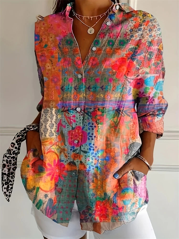 New Summer Fashion Women's Lapel Shirt Big Size Button Long Sleeve Daily Weekend V Neck Tops Floral Printed Loose Casual Shirt