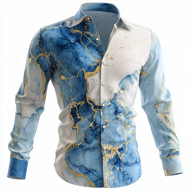 Men's blue and gold marble print long-sleeved shirt. Fashionable casual design, slim fit for banquets and business suits. XS-6XL