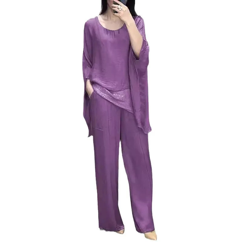 Fashion 2 Piece Set Party Outfits New Spring Summer Elegant Women's Suit Casual Bat Wing Sleeve Blouse Top With Wide Leg Pants