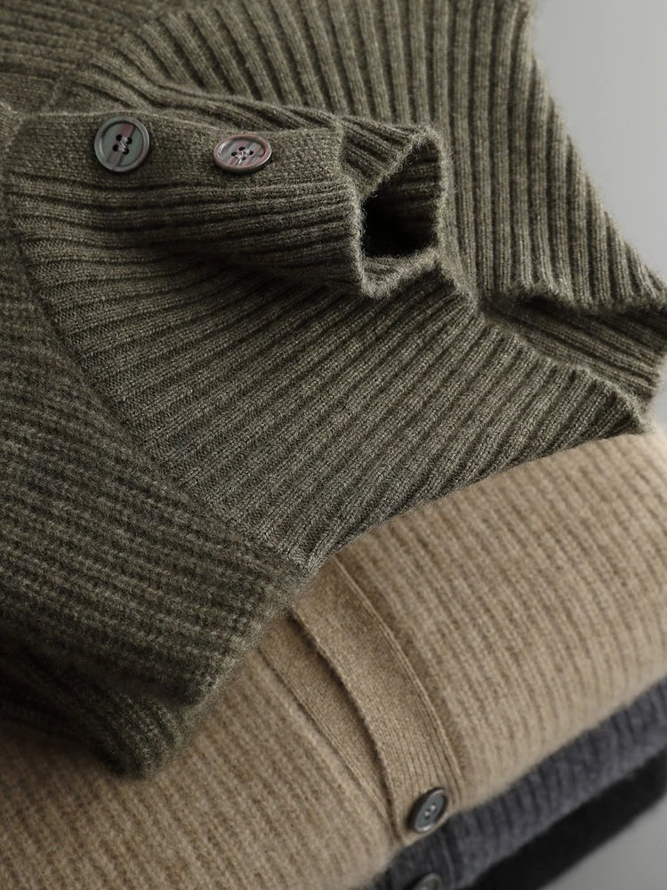 Luxury 100% Cashmere Cardigan for Men Mock Collar Thickening Sweater Autumn Winter Knitted Coat Soft Clothing Smart Casual Top