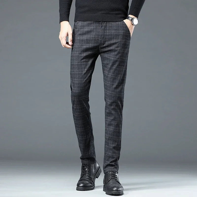 Business Men Pants Spring Autumn Korea Cotton Comfortable Elastic Plaid Casual Fashion Trousers Male Clothing Suit Pant