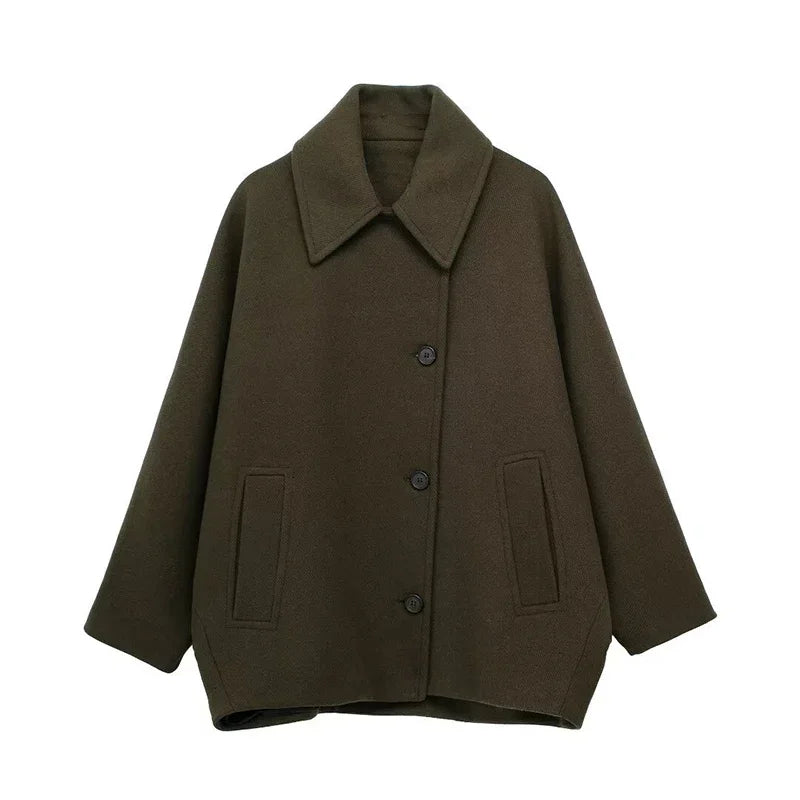 Elegant Woolen Lapel Coat Loose Solid Long Sleeve Single Breasted Pocket Female Jackets 2025 Autumn Fashion Street Lady Outwear