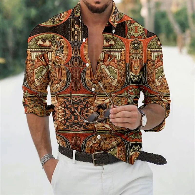 Men's shirts 3D printed shirts for daily outings, lapels for fashionable long sleeved clothing, fashion designers for leisure