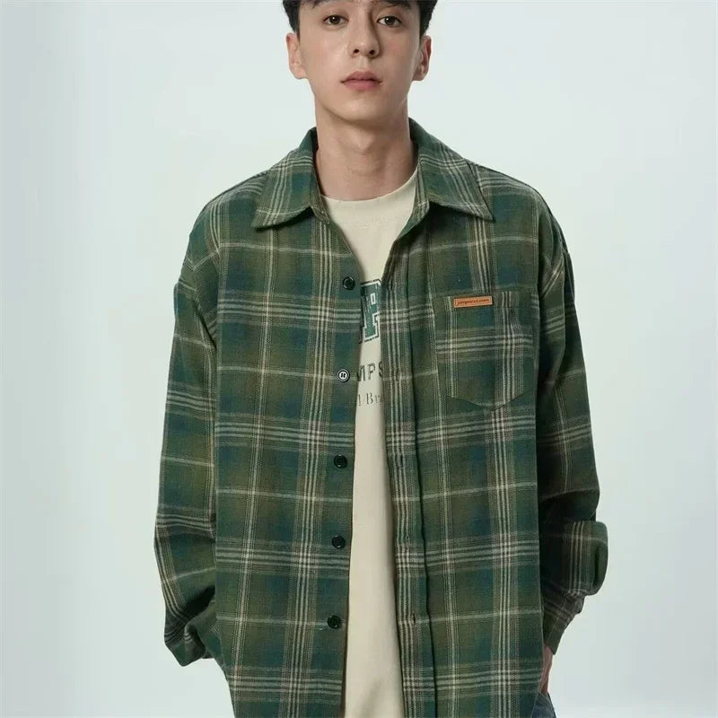 Spring Long Sleeve Plaid Shirt For Men 2025 New Y2K Vintage Streetwear Baggy Lapel Pocket Tee Shirts Korean Fashion Blouse