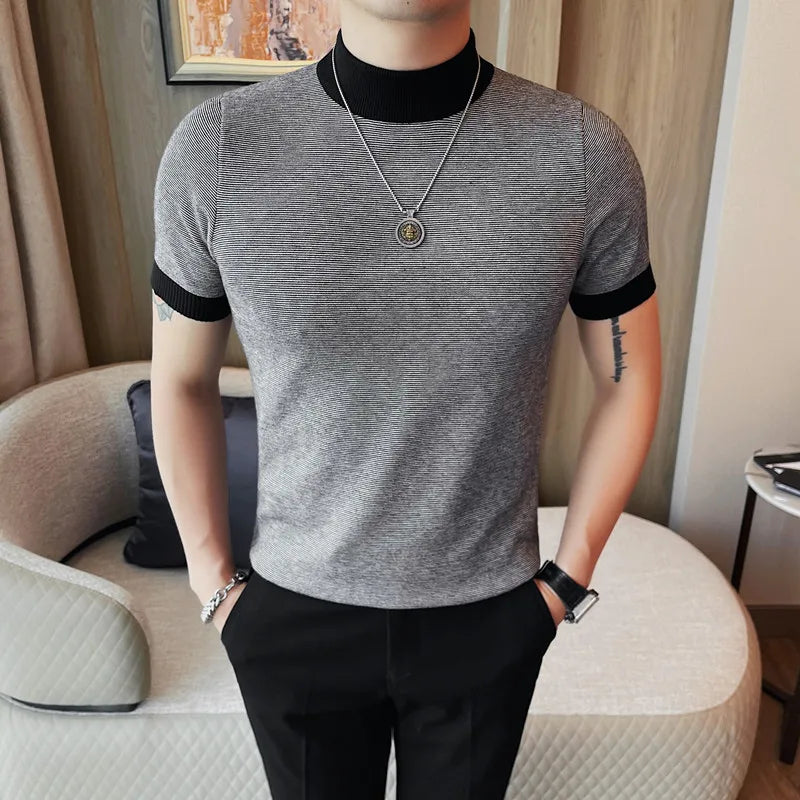 Turtleneck Short Sleeve Sweater Mens Clothing Autumn New Korean Slim Fit Casual Knitted Men's Sweaters Big Size Pull Homme 4XL-M