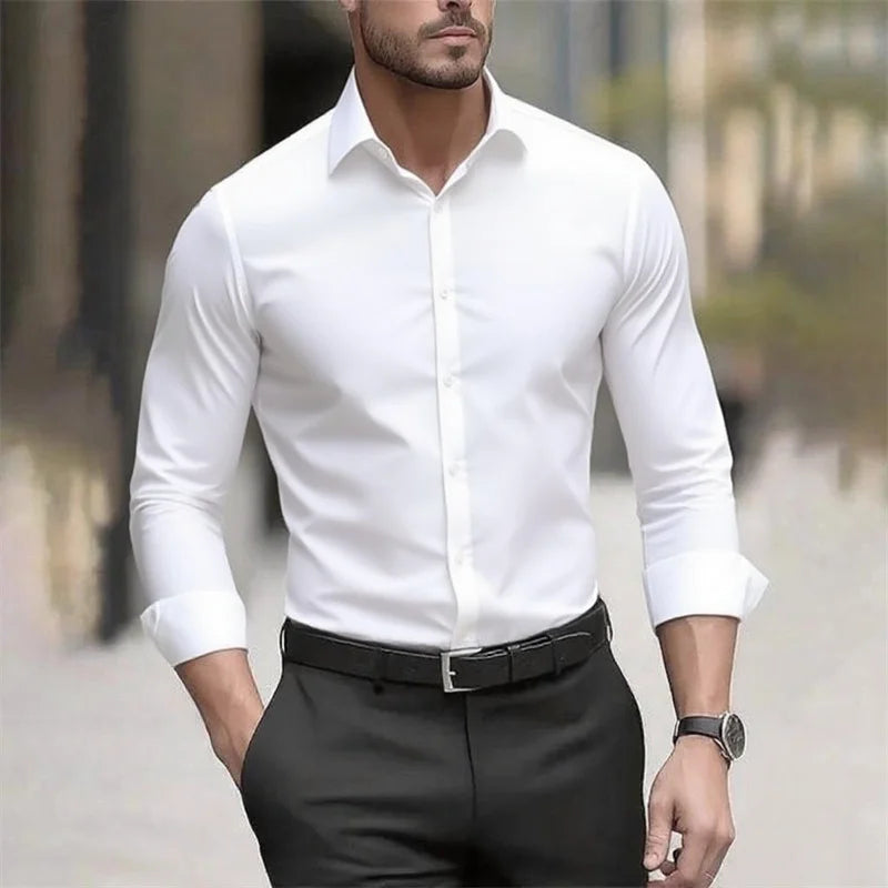Solid Color Men's Shirt Casual White Shirt, High Quality Solid Color Long Sleeve Stretch Fabric, Business Formal Shirt, XS-6XL