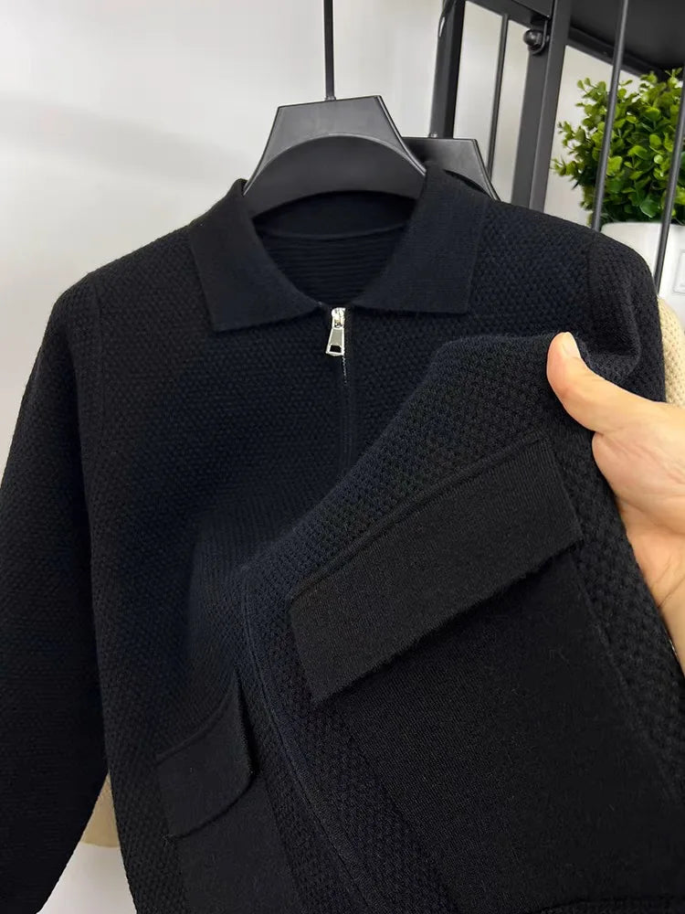 Light luxury high-end lapel zipper knitted jacket men autumn new style fashion pocket design Korean casual warm weater coat