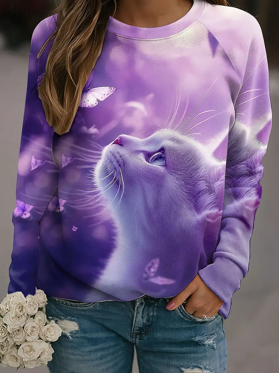 Fall Winter Pullover Women's Cute Cat Graphic Sweatshirt Trendy 3D Print O-Neck Long Sleeve Tops  Women's Apparel Y2K Streetwear