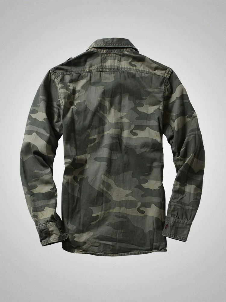 American Heavy Retro Men's Long Sleeved Camouflage Shirt Outdoor Cargo Casual Multi Pocket Work Shirt Coat for Male