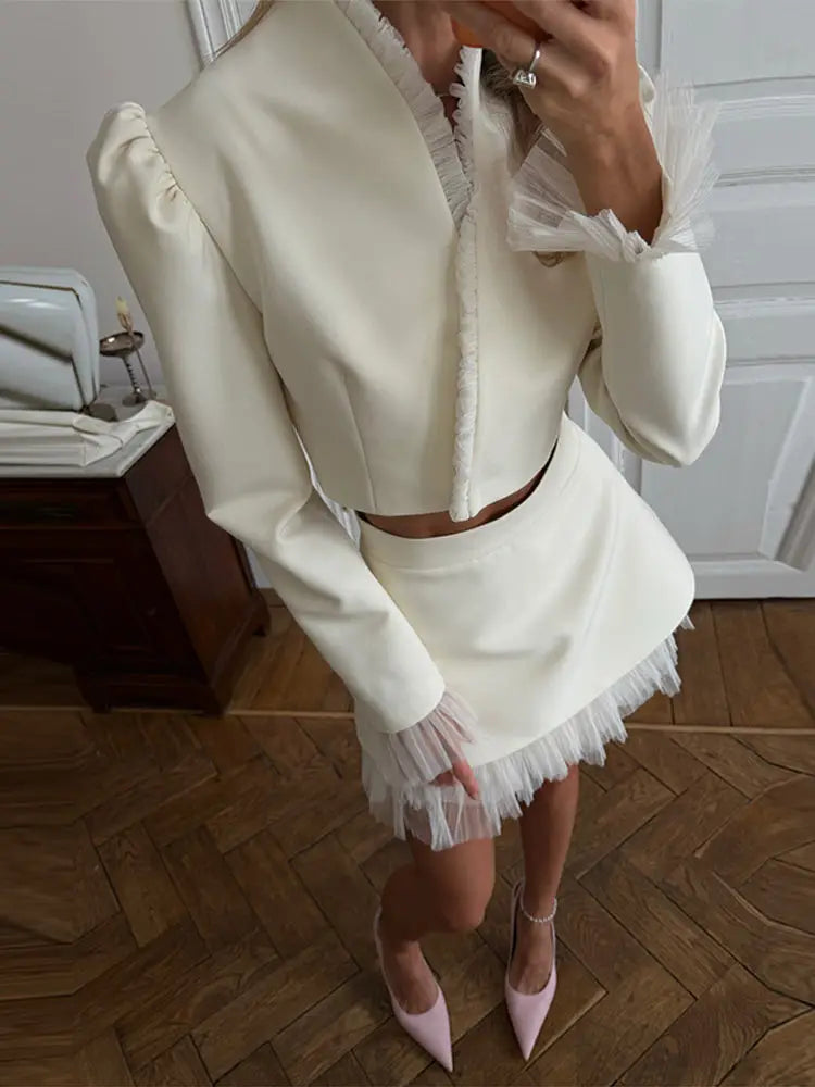Urban Solid Women's Two Piece Set Elegant Puff Long Sleeve V Neck Blazer Mesh Suit Skirt  2026 Autumn Fashion Lady Outfit