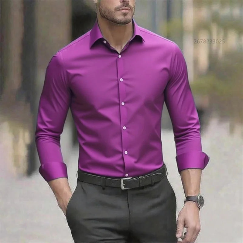 Solid Color Men's Shirt Casual White Shirt, High Quality Solid Color Long Sleeve Stretch Fabric, Business Formal Shirt, XS-6XL