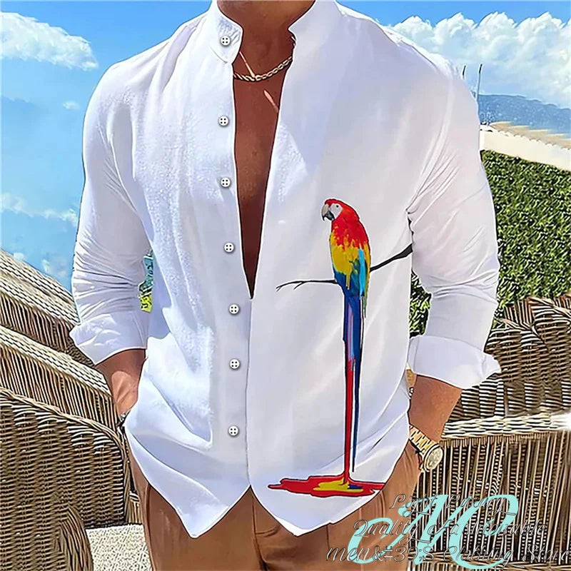 15 Color Men's Shirt Long-Sleeved Shirt 3D Printing Parrot Pattern Standing Collar Clothing Fashion Casual XS-6XL Size