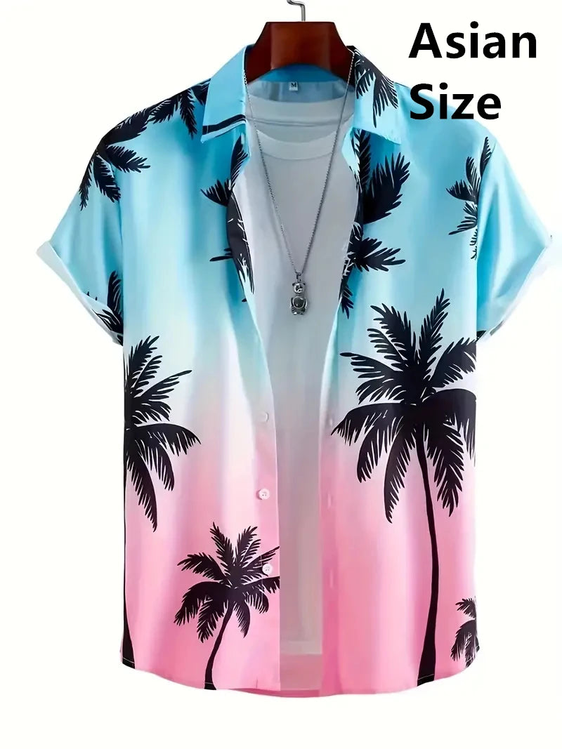 Tropical Coconut Tree Pattern Men's Short Sleeve Button Down Lapel Shirt For Summer Resort Holiday Hawaiian Style Oversized Tops