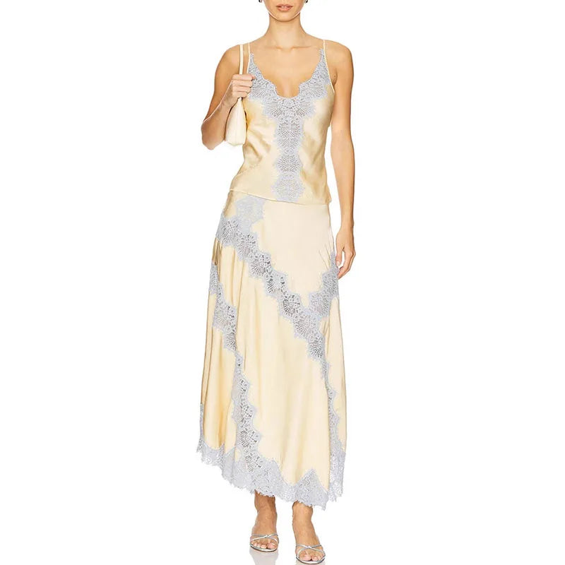Sexy Tank Skirt Women's Set Halter V-neck Tanks Long Skirts Lace Patchwork Female Sets 2025 Autumn Vacation Fashion Lady Suits