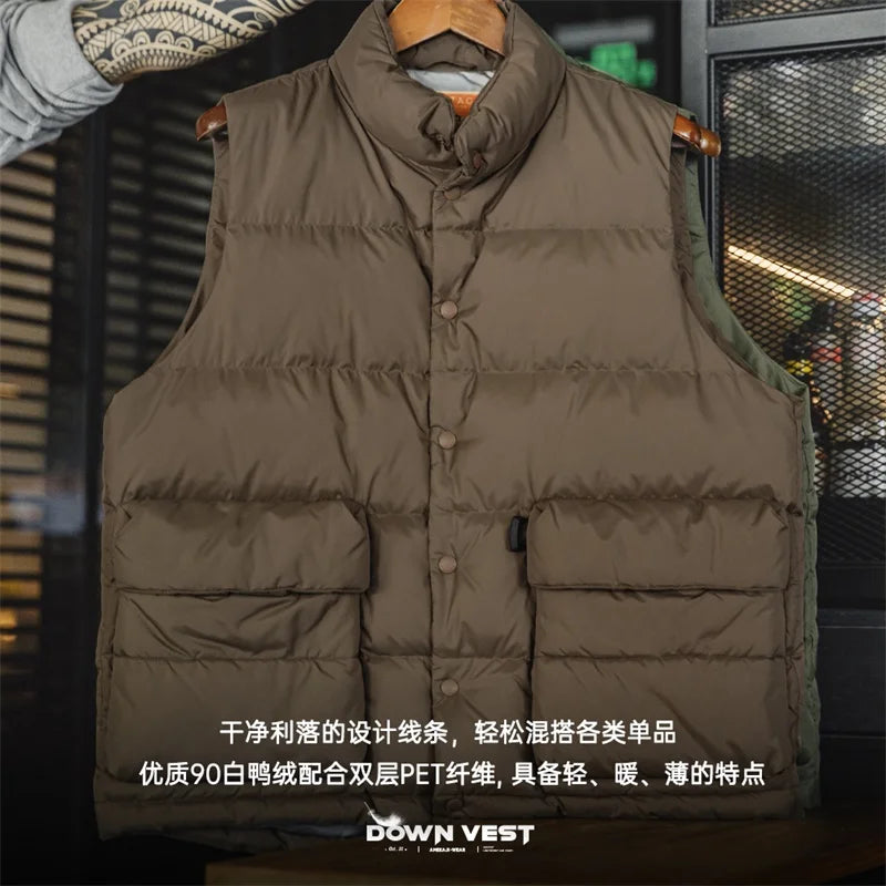 Maden Winter Sleeveless Down Vest for Women White Duck Down Filling Stand-up Collar Warm Tank Top Casual Light Outerwear Vest