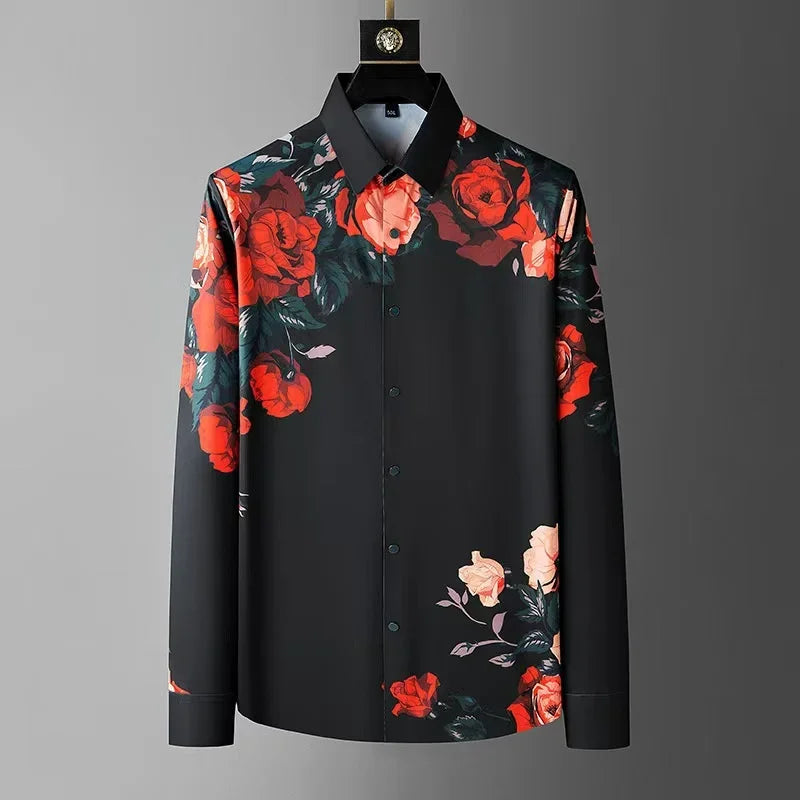 12 Colors Men's Vintage Floral Print Long Sleeve Shirt Spring Daily Going Out Clothing High Quality Luxury Print Lapel Shirt 6XL