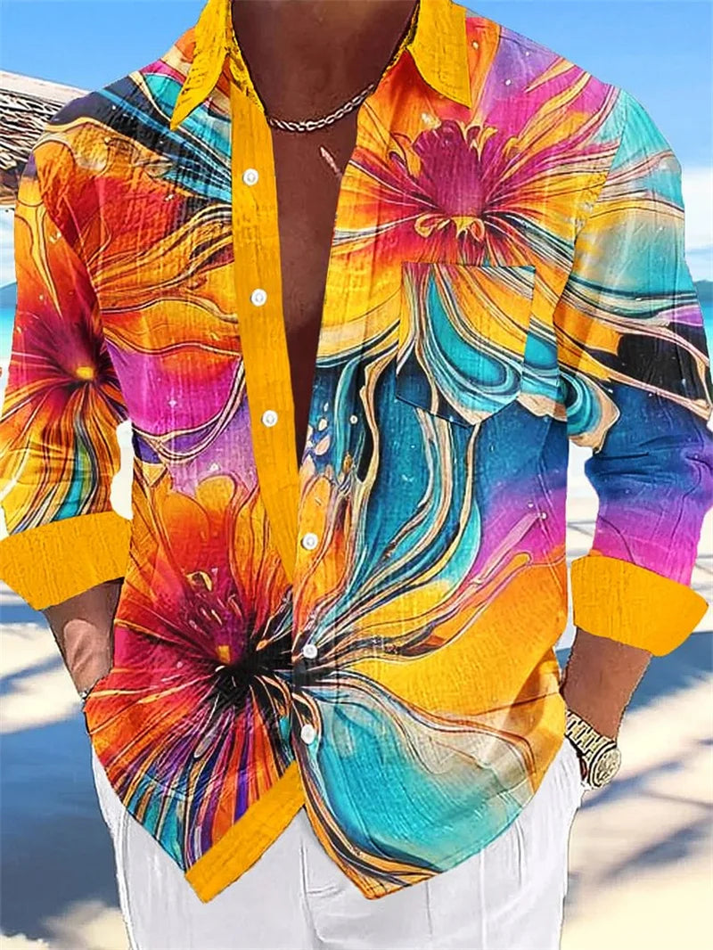 2025 Men's Hawaiian Shirt Party Harajuku Shirt Fashion Printed Long Sleeve Beach Top Men's Clothing