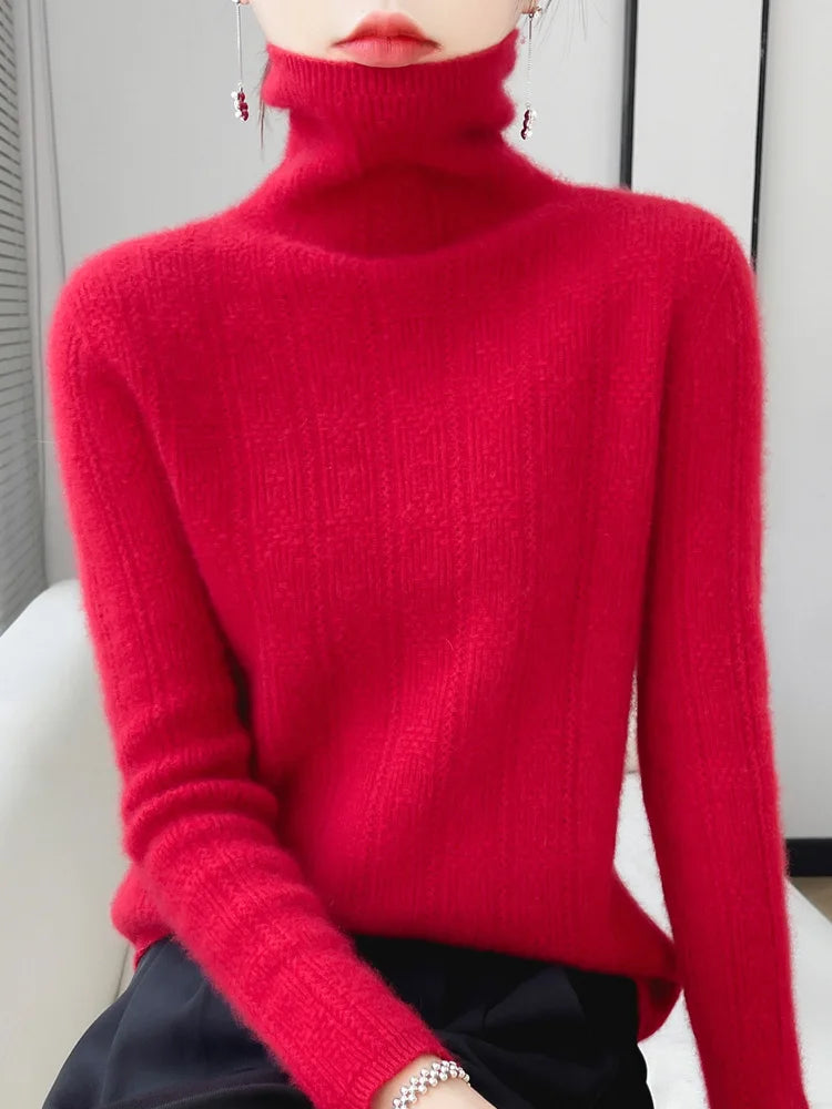100% Wool Cashmere Sweater Women Turtleneck Long Sleeve Tops Knitted Pullovers Autumn Winter Casual Loose Clothing Warm Jumper