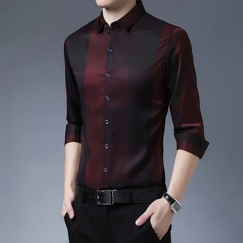 New Men's Casual Printed Long Sleeved Lapel Shirt for Spring and Autumn Fashion Comfortable Wrinkle Free Top Without Ironing