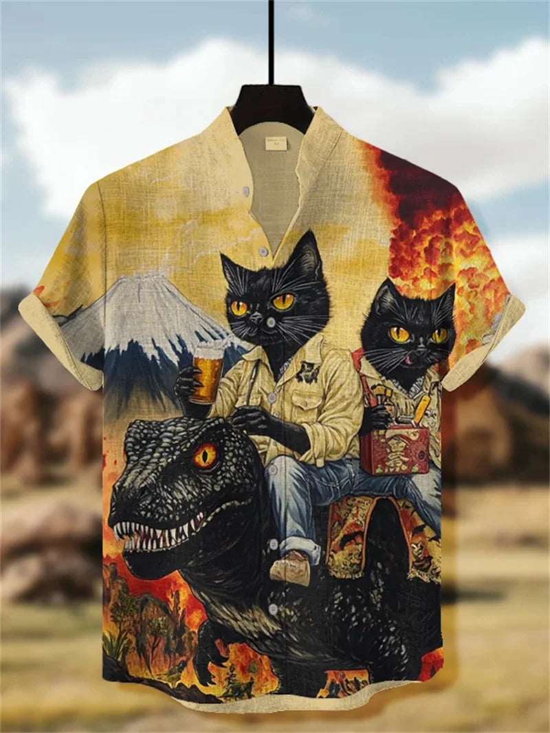 New Men's Linen 3D Fish Print Short Sleeved Shirt Popular Retro Casual Short Sleeved Shirt Clothing Top Shirt