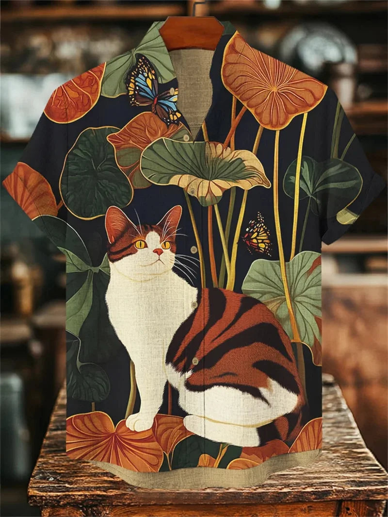 New Men's Linen 3D Fish Print Short Sleeved Shirt Popular Retro Casual Short Sleeved Shirt Clothing Top Shirt