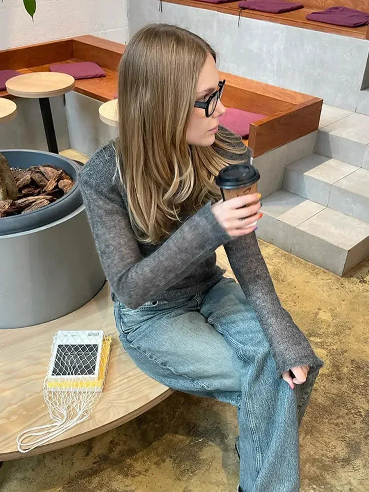 Solid Round Neck Thin Knitted Sweater Women Elegant Long Sleeve Bodycon See Through Pullover 2025 New Autumn Lady Street Outwear
