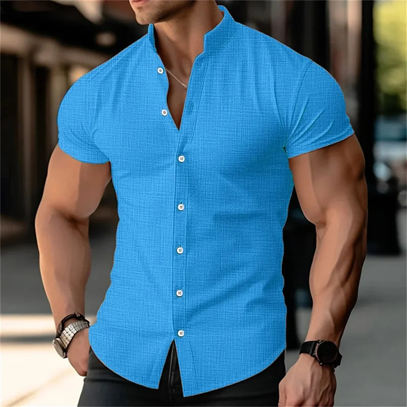 2024 Men's Short Sleeve Linen Shirt Hawaii Beach Fashion Breathable Lightweight Top Blue White Black Pink Plus Size