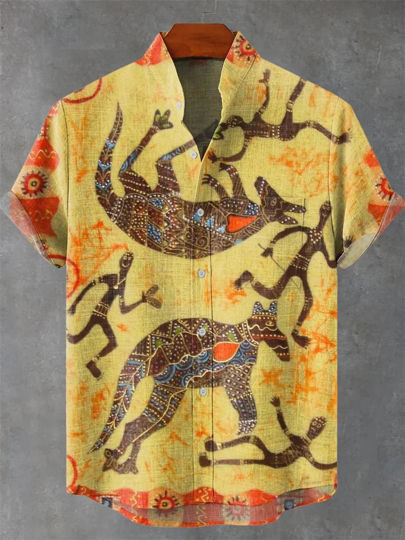 Men's Vintage Art Shirt Vintage Abstract 3D Geometric Print Short Sleeve Linen Casual Shirt Holiday Clothing