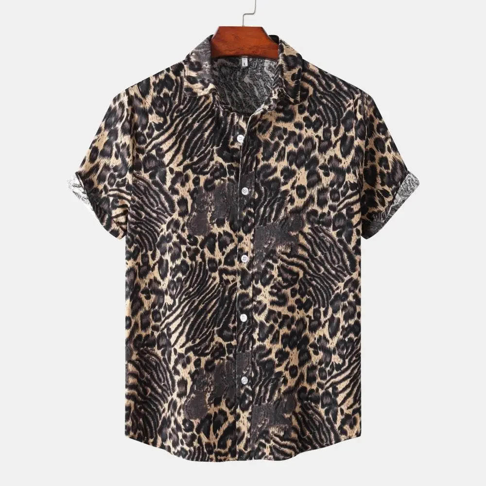 Fashion Leopard Men's Short Sleeve Shirt Oversize Loose Fit Stylish Shirt for Men Lapel Trend Casual Button Up Men's Clothing