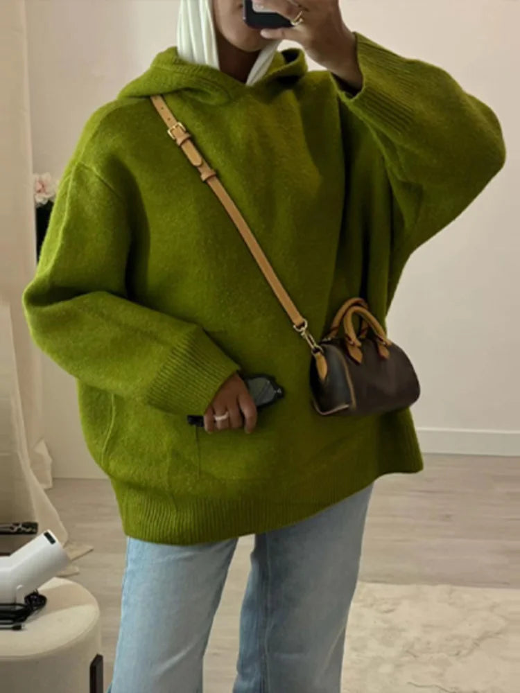 Solid Casual Knitted Oversize Sweaters Hoodie Women Long Sleeve Commute 2026 Autumn Winter Female Pullover Chic Street Jumper