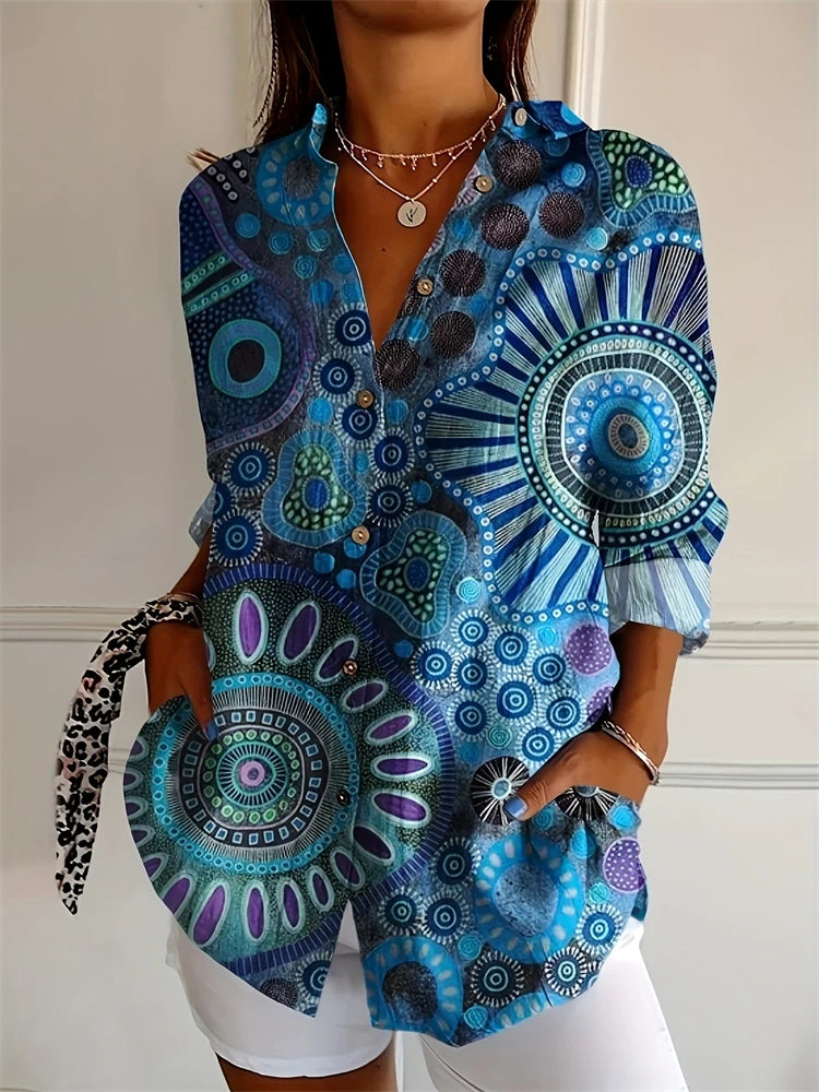 New Summer Fashion Women's Lapel Shirt Big Size Button Long Sleeve Daily Weekend V Neck Tops Floral Printed Loose Casual Shirt