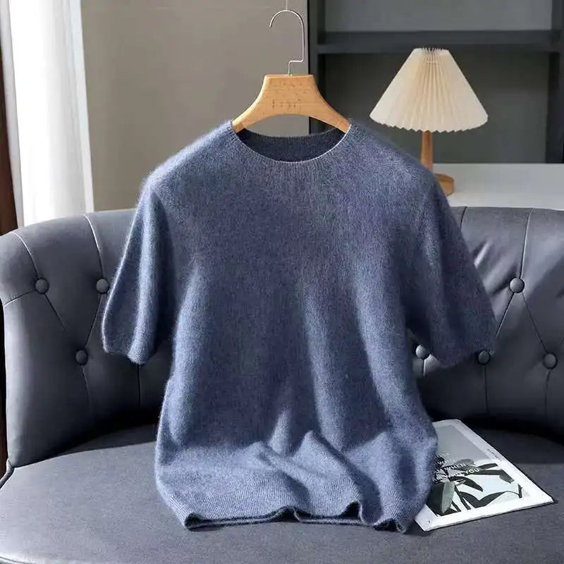 2026 Spring And Autumn New Men's Round Neck Solid Color Mink Fleece Sweater Youth Casual Hoodie Half Sleeve Knitted T-shirt Base