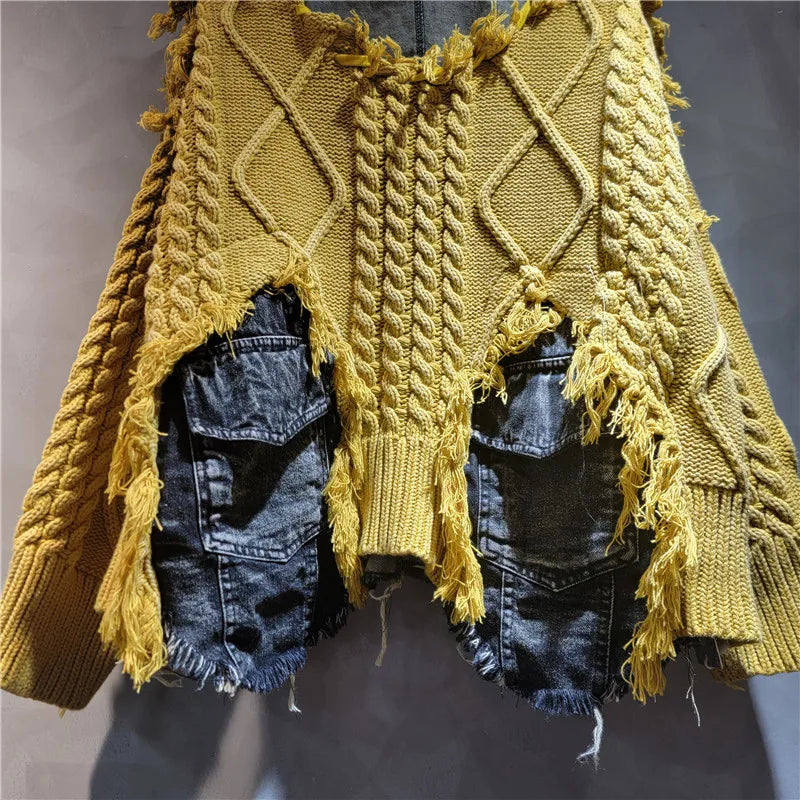 2025 Autumn New Denim Patchwork Knitted Pullover Sweater for Women, Loose Slimming Washed Vintage Top Trendy