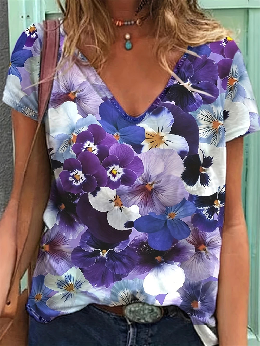 Summer Large Size Women's T-Shirt Fashion Blue Flowers Print Leisure Elegant V-Neck T-Shirt Daily Comfortable Women's T-Shirt