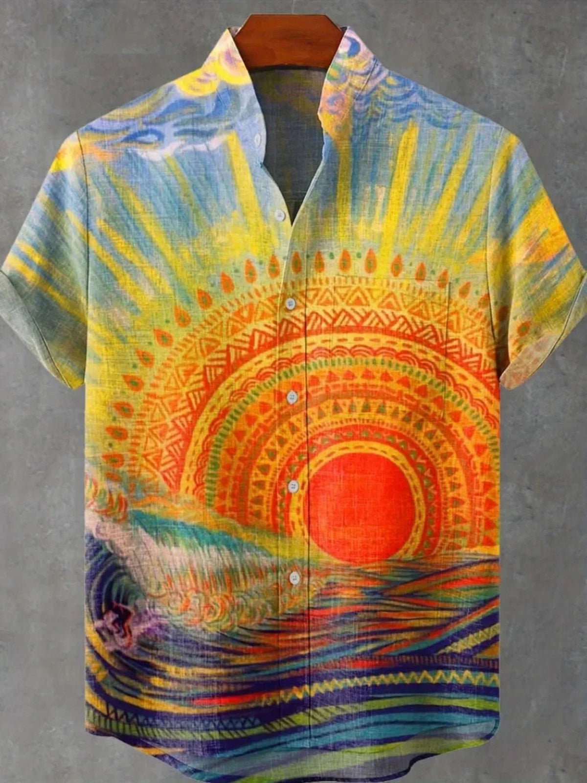 New Men's Casual Short-Sleeved Lapel Shirt with 3D Sunset Print Fashionable Pattern Comfortable Shirt Top